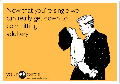 Now that you're single we
can really get down to
committing
adultery.