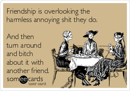 Friendship is overlooking the
harmless annoying shit they do.

And then
turn around
and bitch
about it with
another friend.