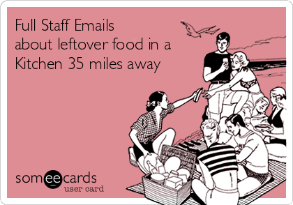 Full Staff Emails
about leftover food in a
Kitchen 35 miles away