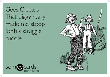 Gees Cleetus ,
That piggy really
made me stoop
for his struggle
cuddle ..