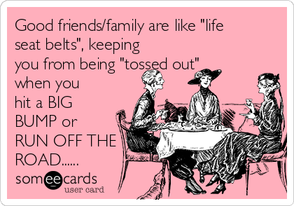 Good friends/family are like "life
seat belts", keeping
you from being "tossed out"
when you
hit a BIG
BUMP or
RUN OFF THE
ROAD......