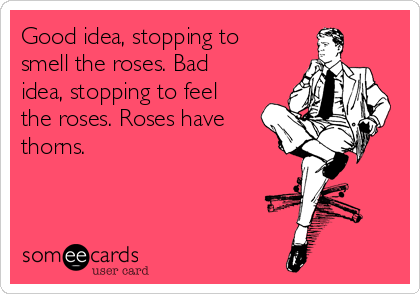 Good idea, stopping to
smell the roses. Bad
idea, stopping to feel
the roses. Roses have
thorns.