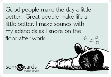 Good people make the day a little
better.  Great people make life a
little better. I make sounds with
my adenoids as I snore on the
floor after work.