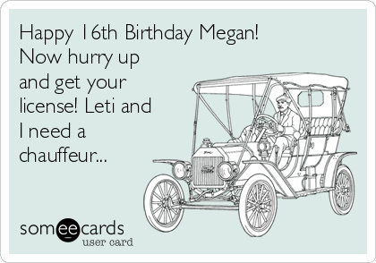 Happy 16th Birthday Megan!
Now hurry up
and get your
license! Leti and
I need a
chauffeur...