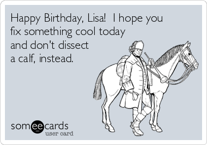 Happy Birthday, Lisa!  I hope you
fix something cool today
and don't dissect
a calf, instead.