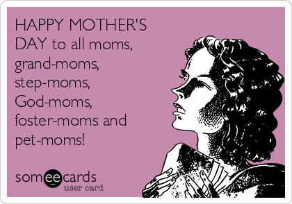 HAPPY MOTHER'S
DAY to all moms,
grand-moms,
step-moms,
God-moms,
foster-moms and
pet-moms!