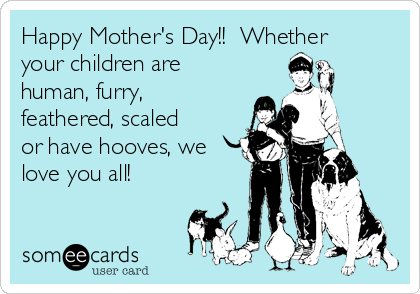 Happy Mother's Day!!  Whether
your children are
human, furry,
feathered, scaled
or have hooves, we
love you all!