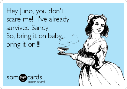 Hey Juno, you don't
scare me!  I've already 
survived Sandy. 
So, bring it on baby,
bring it on!!!!