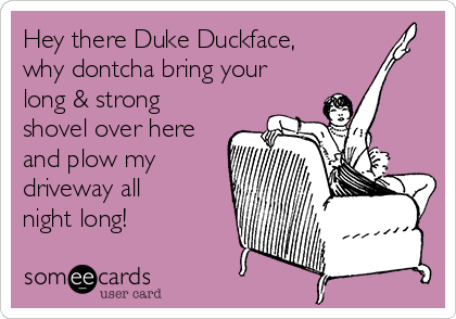 Hey there Duke Duckface,
why dontcha bring your
long & strong
shovel over here
and plow my
driveway all
night long! 
