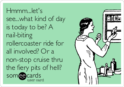 Hmmm...let's
see...what kind of day
is today to be? A
nail-biting
rollercoaster ride for
all involved? Or a
non-stop cruise thru
the fiery pits of hell?