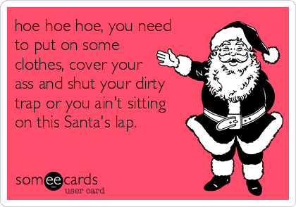 hoe hoe hoe, you need
to put on some
clothes, cover your
ass and shut your dirty
trap or you ain't sitting
on this Santa's lap. 