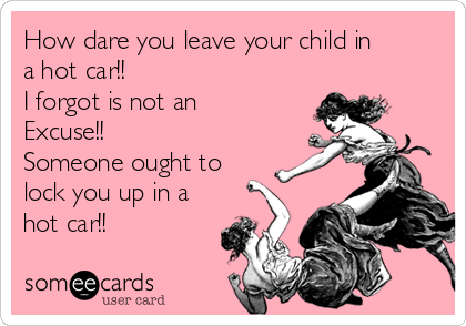 How dare you leave your child in
a hot car!!  
I forgot is not an
Excuse!! 
Someone ought to 
lock you up in a
hot car!!  
