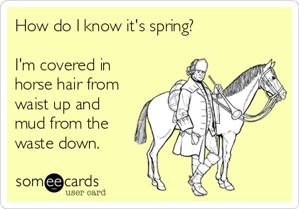 How do I know it's spring?

I'm covered in
horse hair from
waist up and
mud from the
waste down. 