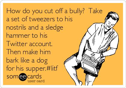 How do you cut off a bully?  Take
a set of tweezers to his
nostrils and a sledge
hammer to his
Twitter account. 
Then make him
bark like a dog
for his supper.#litf