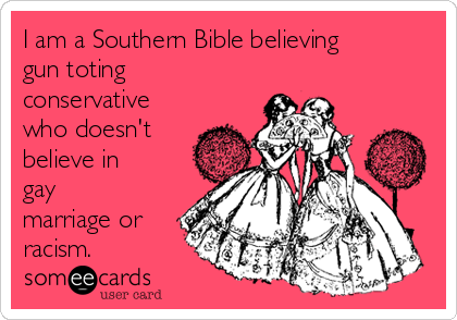 I am a Southern Bible believing
gun toting
conservative
who doesn't
believe in
gay
marriage or
racism. 