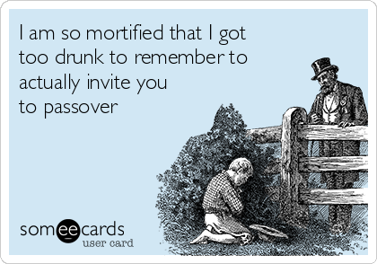 I am so mortified that I got
too drunk to remember to
actually invite you
to passover