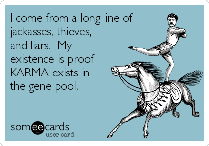 I come from a long line of 
jackasses, thieves,
and liars.  My
existence is proof
KARMA exists in
the gene pool. 