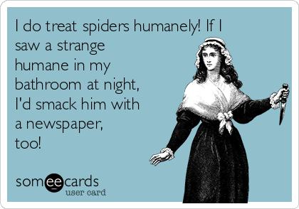 I do treat spiders humanely! If I
saw a strange
humane in my
bathroom at night,
I'd smack him with
a newspaper,
too!