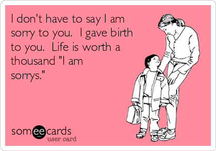 I don't have to say I am
sorry to you.  I gave birth
to you.  Life is worth a
thousand "I am
sorrys."