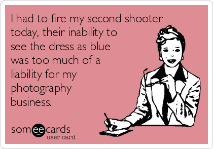 I had to fire my second shooter
today, their inability to
see the dress as blue
was too much of a
liability for my
photography
business.