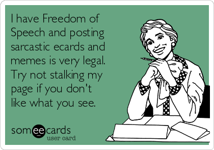 I have Freedom of
Speech and posting 
sarcastic ecards and
memes is very legal.
Try not stalking my
page if you don't
like what you see.