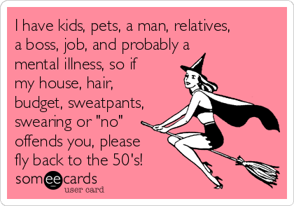 I have kids, pets, a man, relatives,
a boss, job, and probably a
mental illness, so if
my house, hair,
budget, sweatpants,
swearing or "no"
offends you, please
fly back to the 50's!