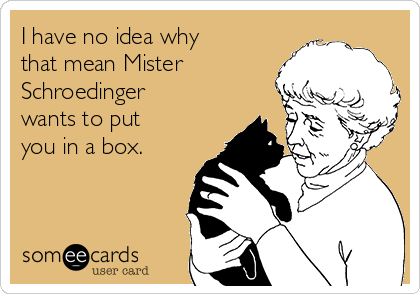 I have no idea why
that mean Mister
Schroedinger
wants to put
you in a box.