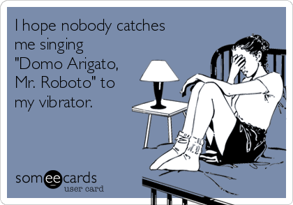 I hope nobody catches
me singing
"Domo Arigato,
Mr. Roboto" to
my vibrator.