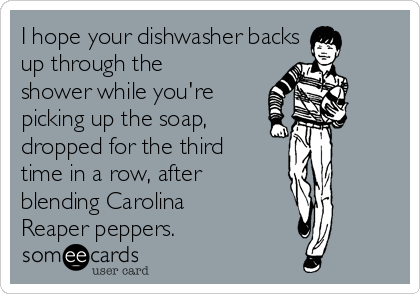I hope your dishwasher backs  
up through the
shower while you're
picking up the soap,   
dropped for the third
time in a row, after
blending Carolina
Reaper peppers.