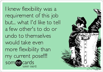 I knew flexibility was a
requirement of this job
but... what I'd like to tell
a few other's to do or
undo to themselves
would take even
more flexibility than
my current pose!!!!