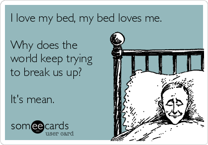 I love my bed, my bed loves me.

Why does the
world keep trying
to break us up?

It's mean.
