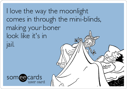 I love the way the moonlight
comes in through the mini-blinds,
making your boner
look like it's in
jail.
