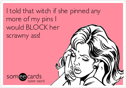 I told that witch if she pinned any
more of my pins I
would BLOCK her
scrawny ass!