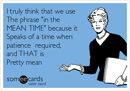 I truly think that we use
The phrase "in the
MEAN TIME" because it
Speaks of a time when
patience  required, 
and THAT is
Pretty mean