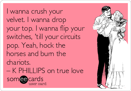 I wanna crush your
velvet. I wanna drop
your top. I wanna flip your
switches, 'till your circuits
pop. Yeah, hock the
horses and burn the
chariots. 
– K PHILLIPS on true love