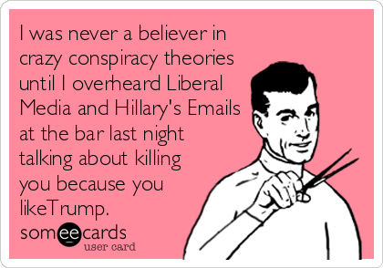 I was never a believer in
crazy conspiracy theories
until I overheard Liberal
Media and Hillary's Emails
at the bar last night
talking about killing
you because you
likeTrump. 