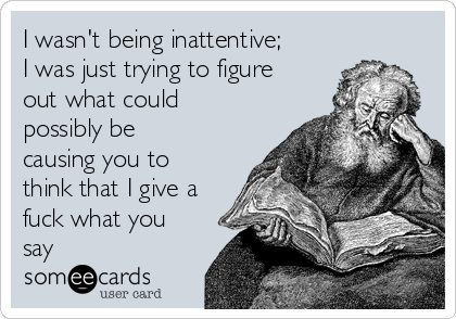 I wasn't being inattentive;
I was just trying to figure
out what could
possibly be
causing you to
think that I give a
fuck what you
say