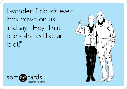 I wonder if clouds ever
look down on us
and say, "Hey! That
one's shaped like an
idiot!"