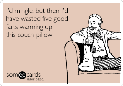 I'd mingle, but then I'd
have wasted five good
farts warming up
this couch pillow.