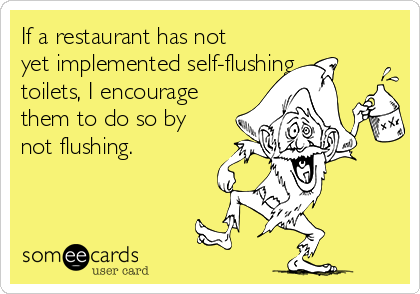 If a restaurant has not
yet implemented self-flushing
toilets, I encourage
them to do so by
not flushing.