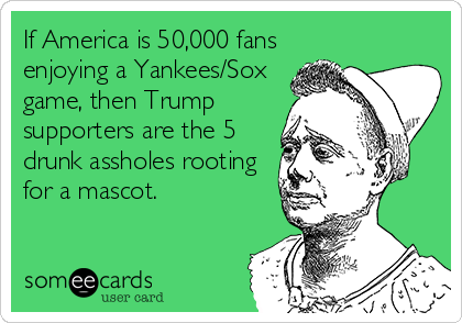 If America is 50,000 fans
enjoying a Yankees/Sox
game, then Trump
supporters are the 5
drunk assholes rooting
for a mascot. 
