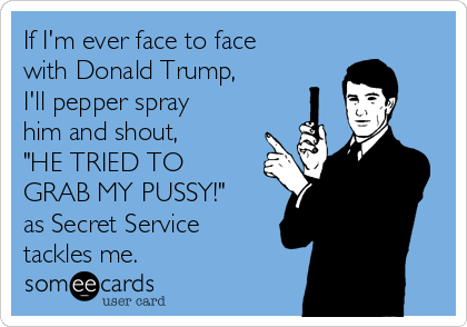 If I'm ever face to face
with Donald Trump,
I'll pepper spray
him and shout, 
"HE TRIED TO
GRAB MY PUSSY!"
as Secret Service
tackles me.