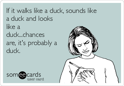 If it walks like a duck, sounds like
a duck and looks
like a
duck...chances
are, it's probably a
duck.