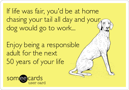 If life was fair, you'd be at home
chasing your tail all day and your
dog would go to work...

Enjoy being a responsible 
adult for the next 
50 years of your life