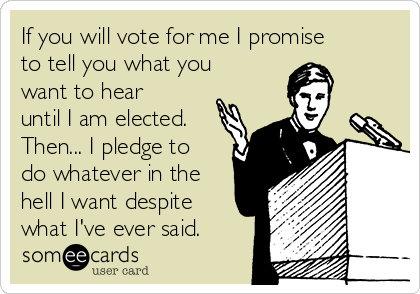 If you will vote for me I promise
to tell you what you
want to hear
until I am elected.
Then... I pledge to
do whatever in the
hell I want despite
what I've ever said.