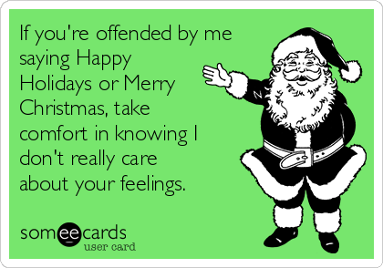 If you're offended by me
saying Happy
Holidays or Merry
Christmas, take
comfort in knowing I
don't really care
about your feelings.