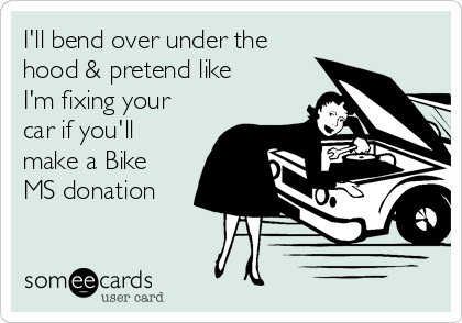 I'll bend over under the
hood & pretend like
I'm fixing your
car if you'll
make a Bike
MS donation