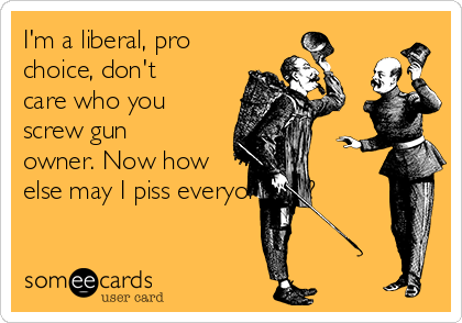 I'm a liberal, pro
choice, don't
care who you
screw gun
owner. Now how
else may I piss everyone off?