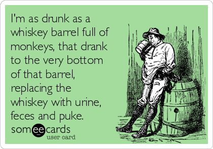 I'm as drunk as a
whiskey barrel full of
monkeys, that drank
to the very bottom
of that barrel,
replacing the
whiskey with urine,
feces and puke. 