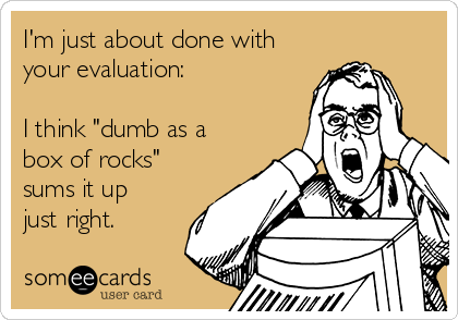 I'm just about done with
your evaluation:

I think "dumb as a
box of rocks"
sums it up
just right.
